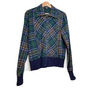 Di Lusso Vintage Womens Italian Wool Blend Plaid Zip Up Jacket Size Large Green